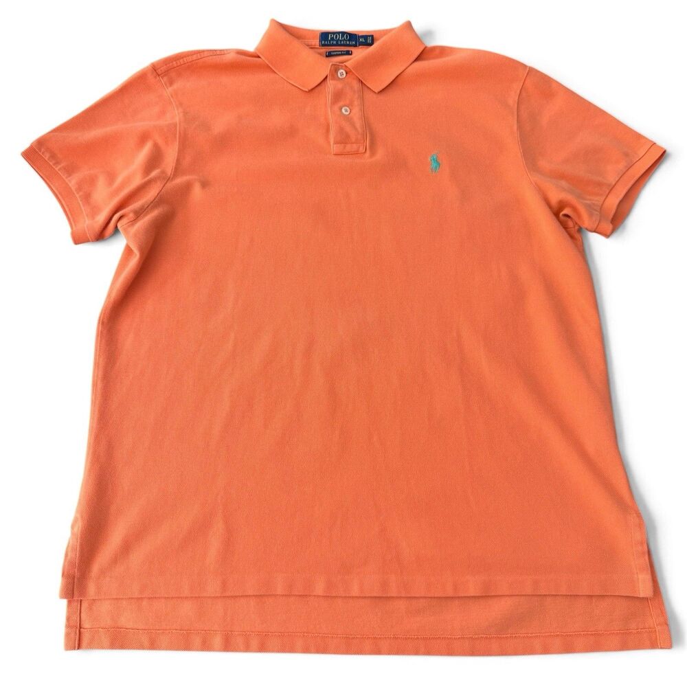 Ralph Lauren Custom Fit Polo Men XL Orange Pique Cotton Golf Shirt Blue Pony